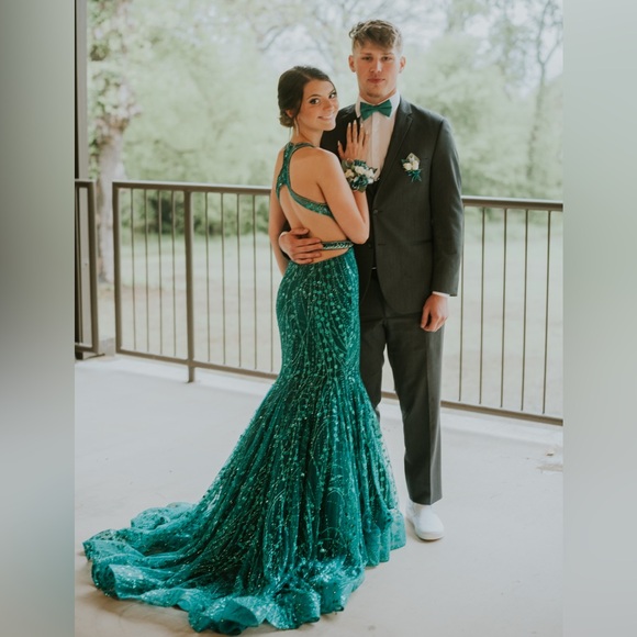 Ellie Wilde Teal Sequin Prom Dress - Picture 2 of 7